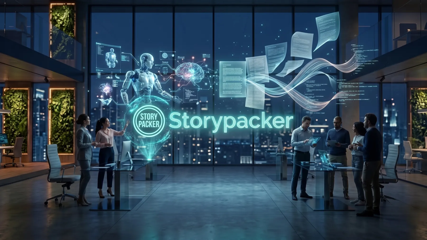 AI와 로봇, 이야기가 함께 떠오르는 Storypacker 오피스 이미지